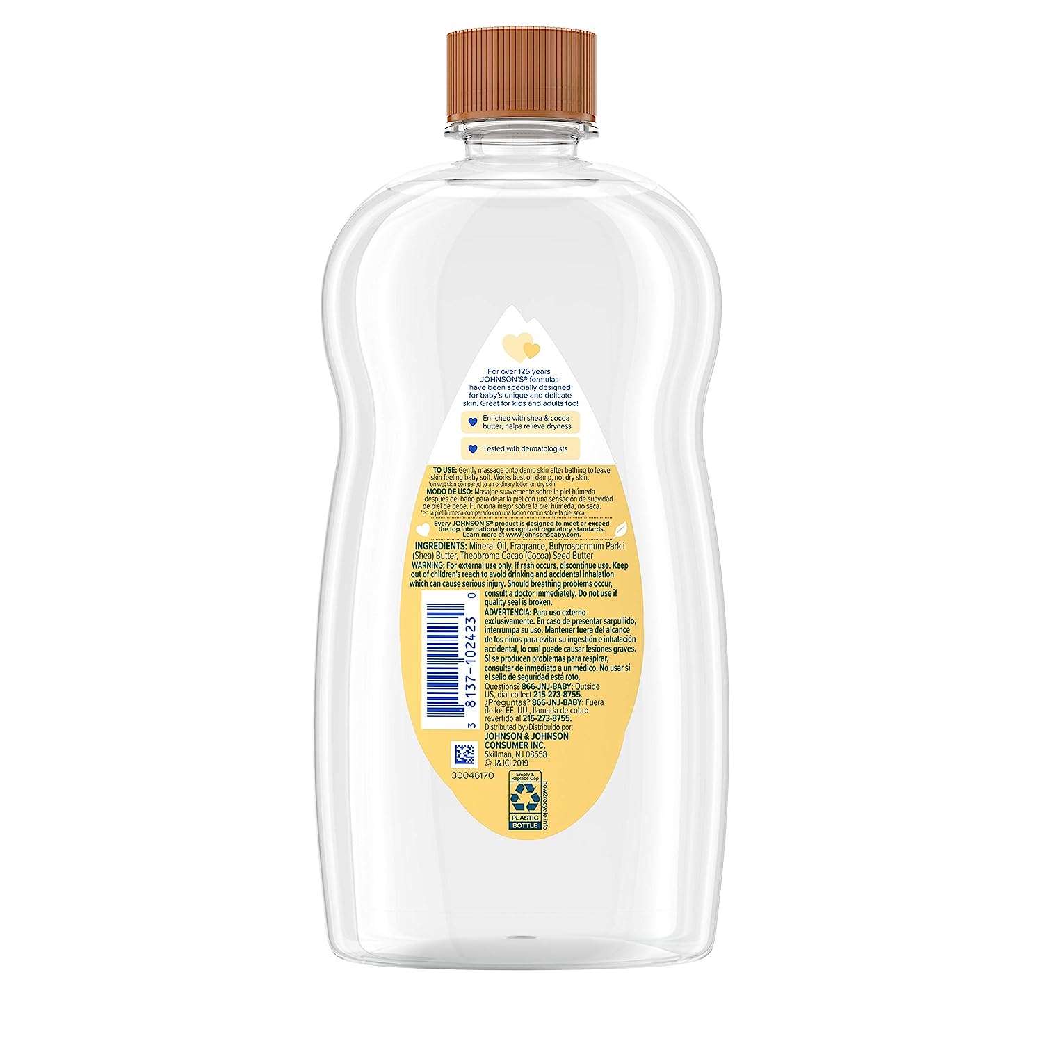 Johnson's Baby Oil, Mineral Oil Enriched with Shea & Cocoa Butter to Prevent Moisture Loss, Hypoallergenic, 20 fl. oz - Image 4